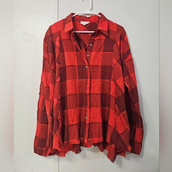 Easel Red Plaid Button Down Shirt With Distressed Hem! - Picture 1 of 5